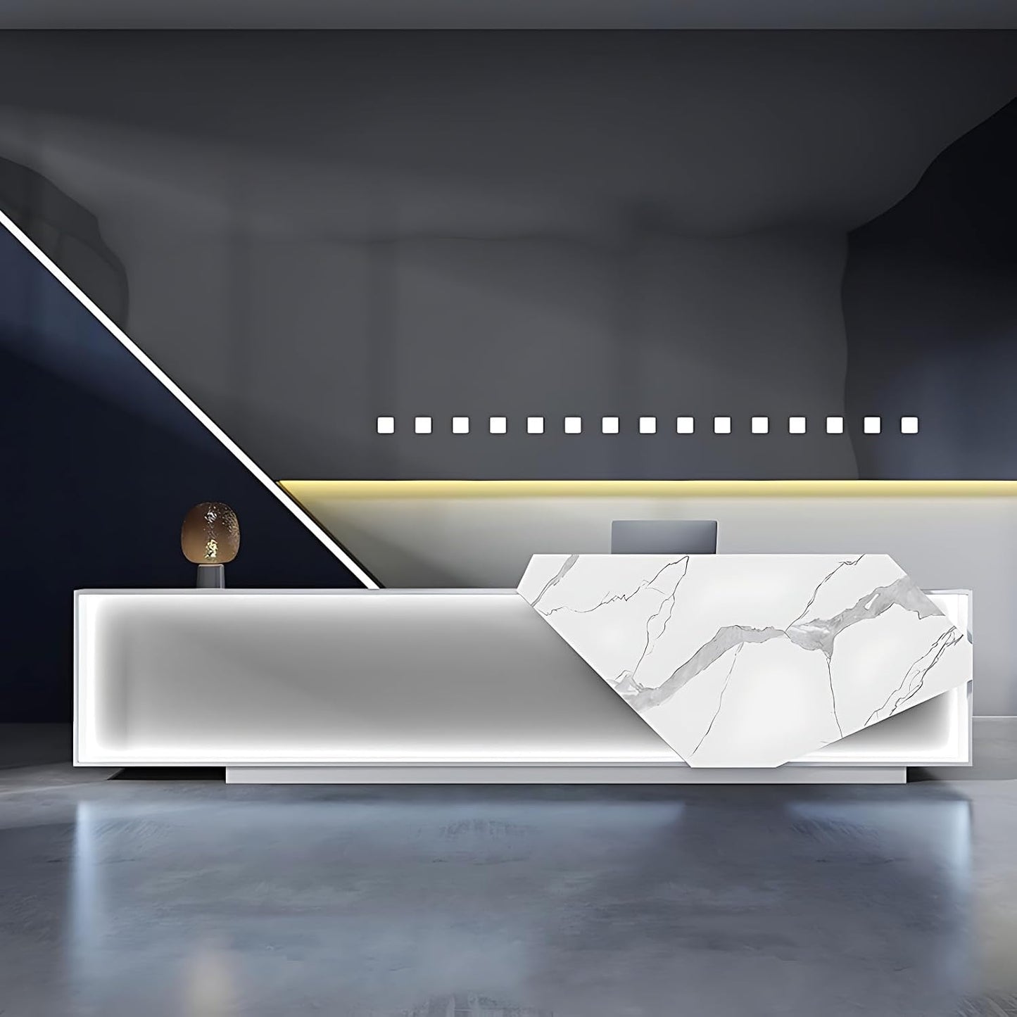 Modern Reception Desk 120" | White Front Counter with Hidden LED Light Strip, Solid Wood Construction & Spacious Storage