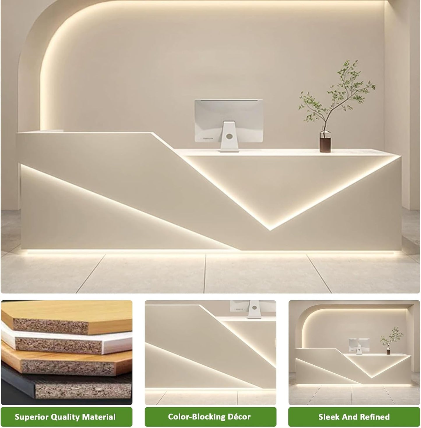 Luxurious Reception Desk | LED Light Strip Front Counter | Waterproof Finish & Partitioned Storage Office Reception Table