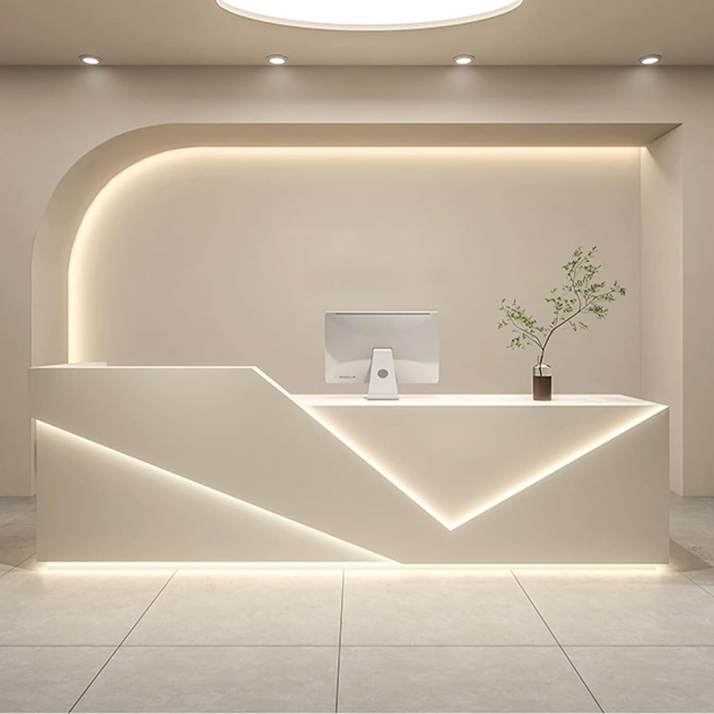 Luxurious Reception Desk | LED Light Strip Front Counter | Waterproof Finish & Partitioned Storage Office Reception Table
