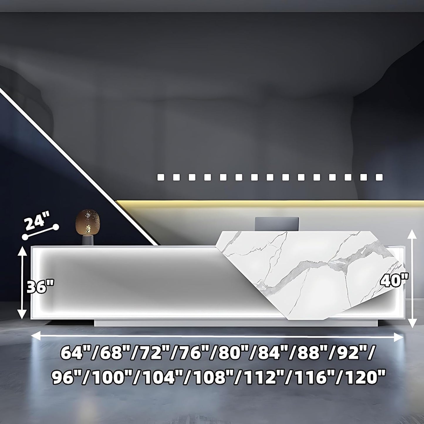 Modern Reception Desk 120" | White Front Counter with Hidden LED Light Strip, Solid Wood Construction & Spacious Storage