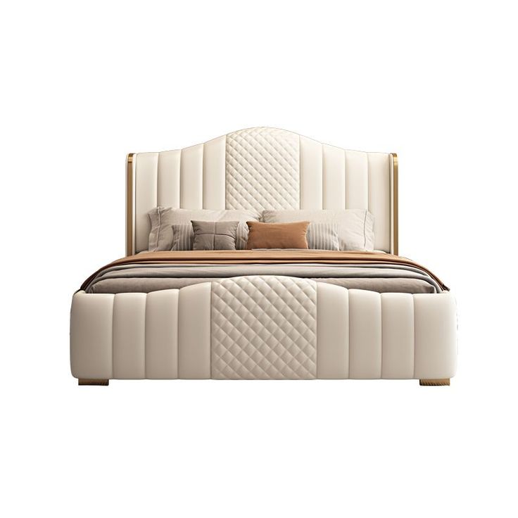 Glam Beige Camel Back Bed – Pine Wood & Metal Panel Frame