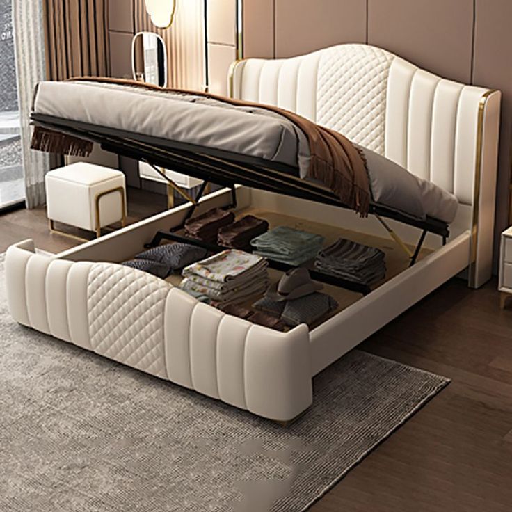 Glam Beige Camel Back Bed – Pine Wood & Metal Panel Frame