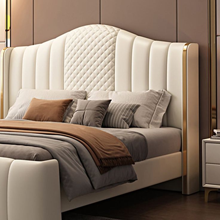 Glam Beige Camel Back Bed – Pine Wood & Metal Panel Frame