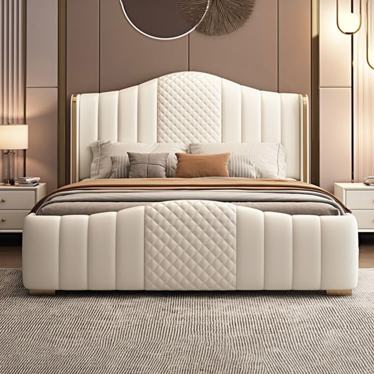Glam Beige Camel Back Bed – Pine Wood & Metal Panel Frame